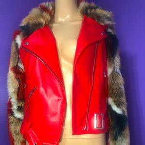 Large Faux fur multi color biker jacket with belt